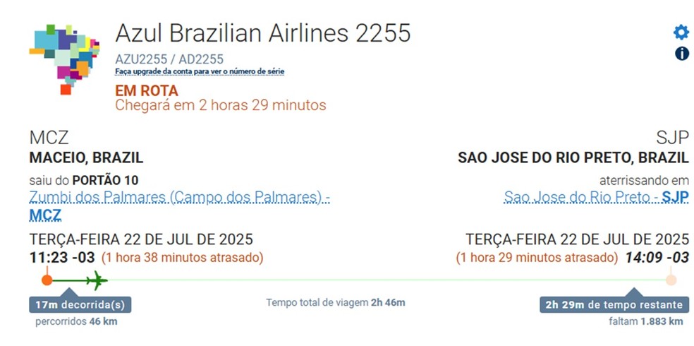 Voo atrasa após avião da Azul colidir contra ave. Aeronave precisou voltar ao Aeroporto Zumbi dos Palmares — Foto: Reprodução/FlightAware