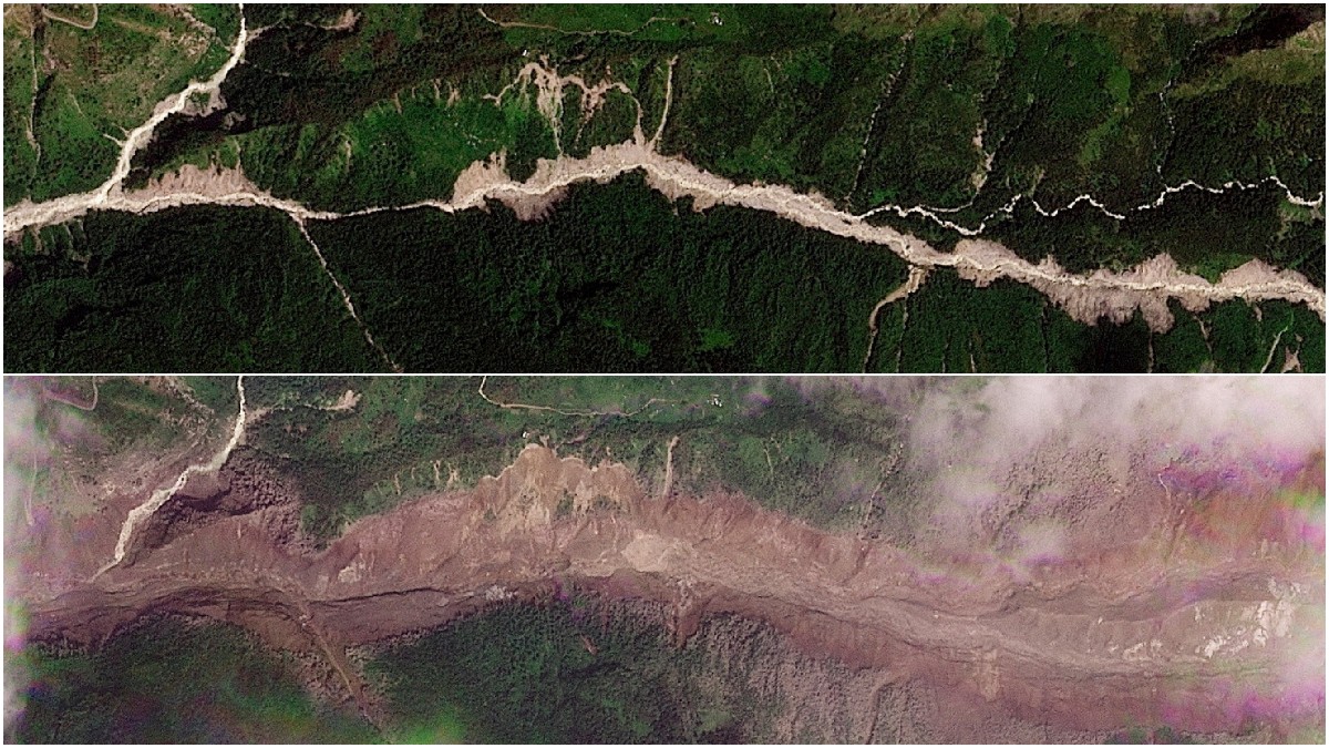 Imagens de satélite mostram antes e depois de deslizamento no Nepal; VEJA