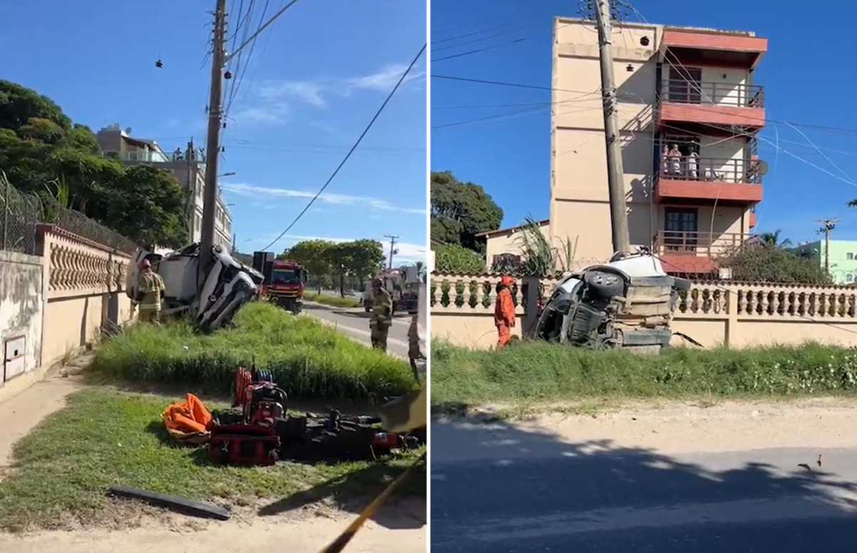 Mulher morre após capotagem e carro fica preso em poste em Araruama; vídeo