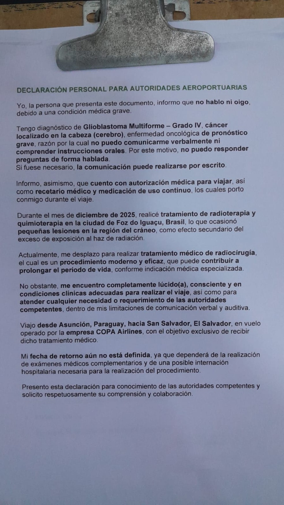 Declaração que Silvinei Vasques apresentou no Paraguai. — Foto: Reprodução