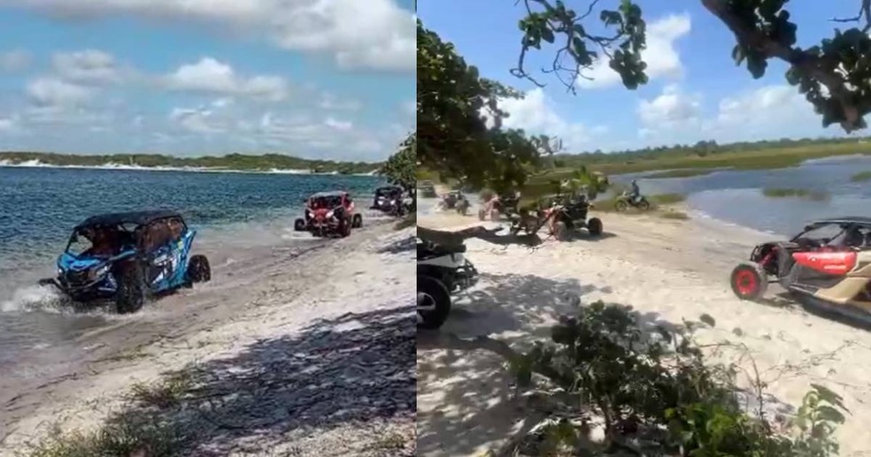 Carros UTV são flagrados em área de preservação ambiental da Lagoa do Paraíso, entre Jericoacoara e Cruz — Foto: Reprodução