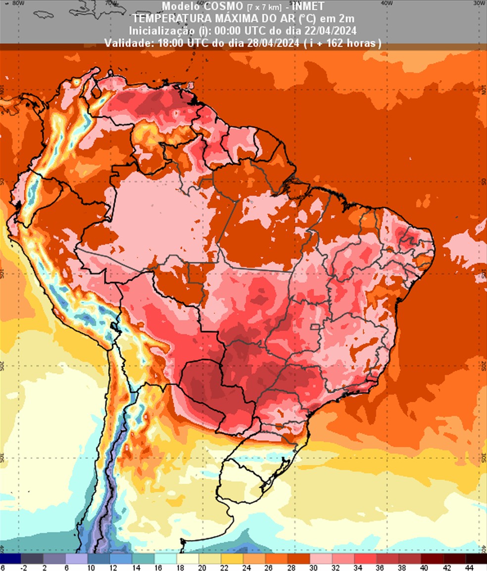 Previsão de temperatura máxima para o dia 28 de abril de 2024 às 15h (horário de Brasília) — Foto: Inmet