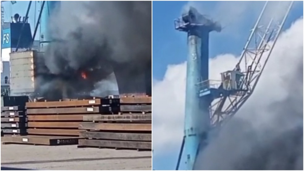 Incêndio no Porto do Pecém foi controlado pela brigada de incêndio e pelo Corpo de Bombeiros. — Foto: Reprodução