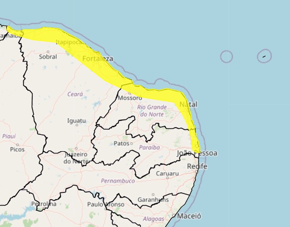 Chuvas atingem parte do litoral do RN; alerta do Inmet é para chuvas até 50 mm por dia — Foto: Reprodução/Inmet