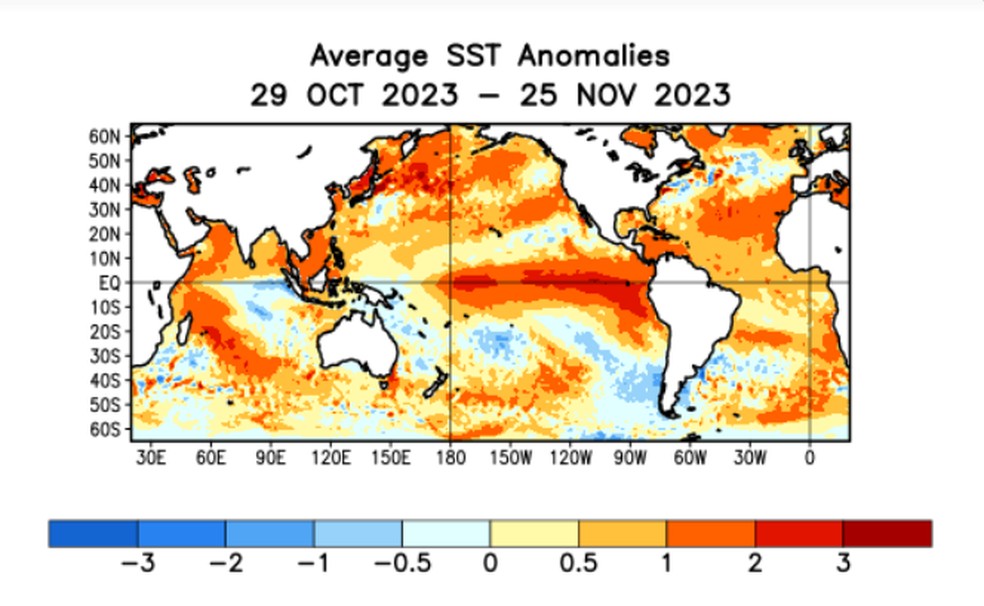 O fenômeno El Niño é caracterizado pelo aquecimento das águas do Oceano Pacífico. — Foto: NOAA