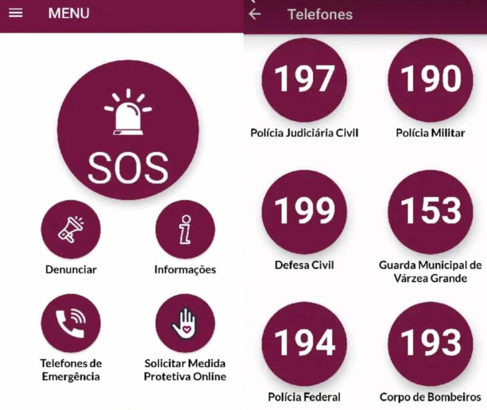 Interface do aplicativo 'SOS Mulher MT' — Foto: Reprodução