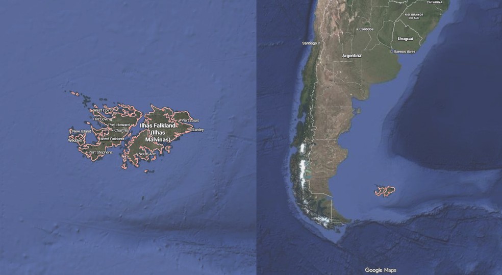 Ilhas Malvinas, ao sul da Argentina. — Foto: Reprodução/Google Maps