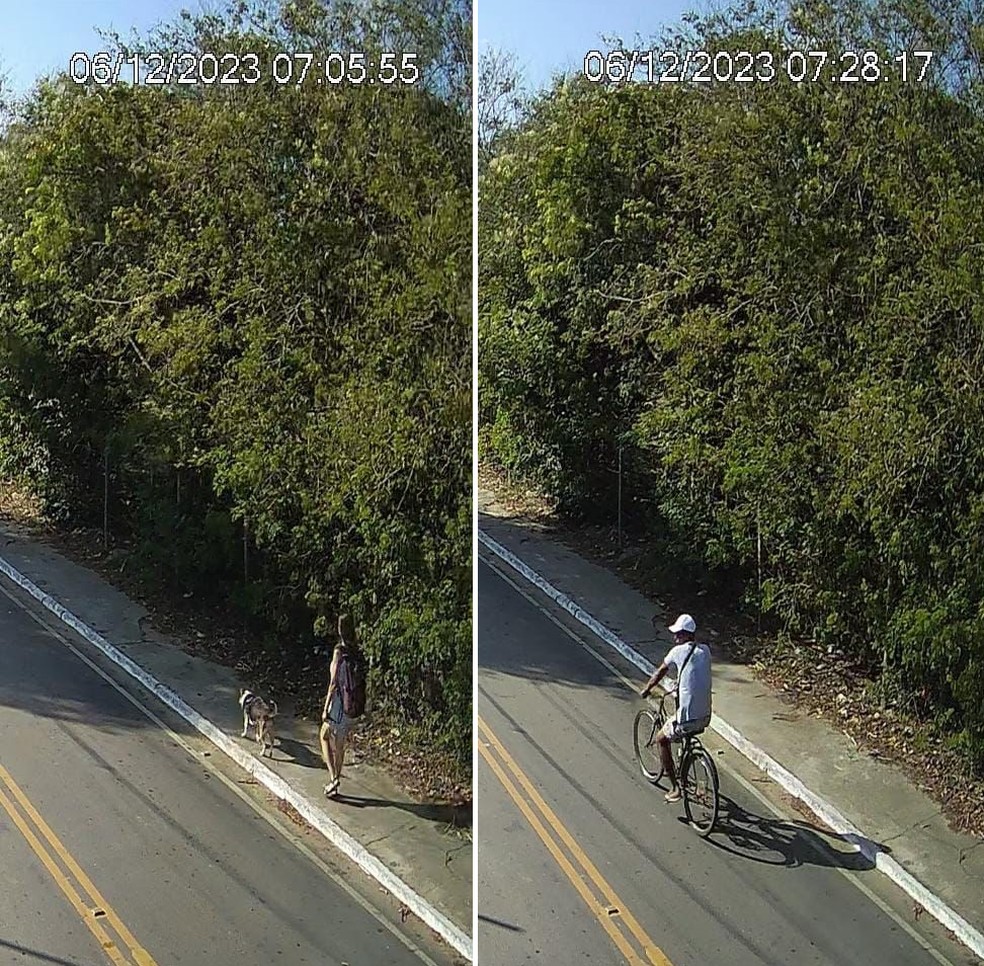 Suspeito do crime passa de bicicleta pelo mesmo trajeto da argentina que passeava com o cachorro 23 minutos depois no bairro José Gonçalves, em Búzios — Foto: Imagens cedidas por Folha de Búzios
