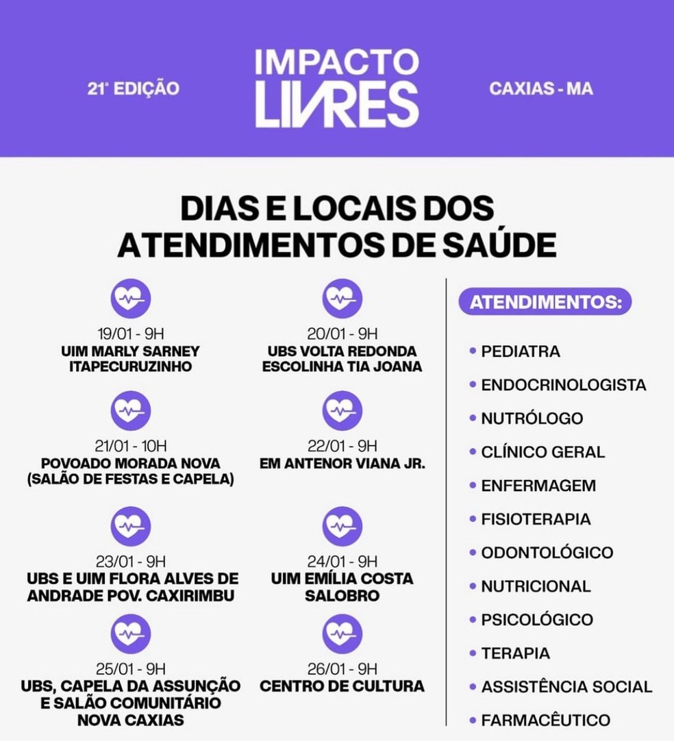 Cronograma de atendimentos médicos da ação do Instituto Livres, em Caxias, no Maranhão. — Foto: Reprodução/Redes Sociais