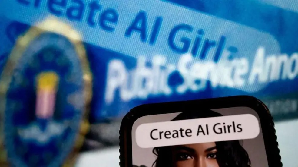 O FBI, a polícia federal americana, fez um alerta nos Estados Unidos em 2023 a respeito de esquemas de vendas de fotos manipuladas com inteligência artificial — Foto: GETTY IMAGES