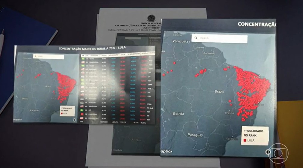 Mapeamento das cidades onde Lula teve mais de 75% de votos no 1º turno encontrado nos celulares de policiais rodoviários — Foto: Reprodução/Globo