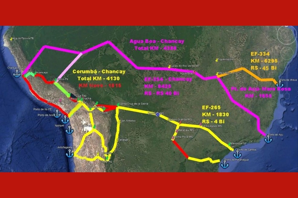 Mapa da Malha Oeste em estudos de viabilidade do novo trecho. — Foto: Divulgação/Eng. Afonso Carneiro Filho