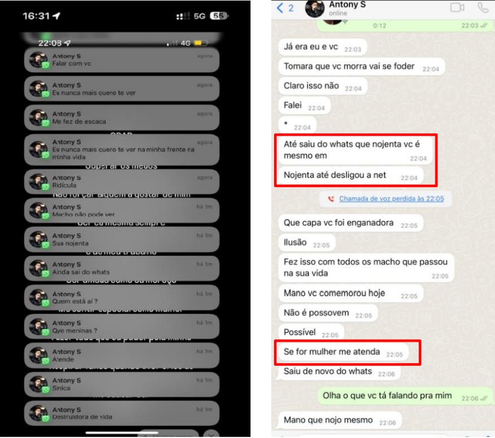Mensagens mostram ameaças de Antony à ex-namorada — Foto: Arquivo pessoal