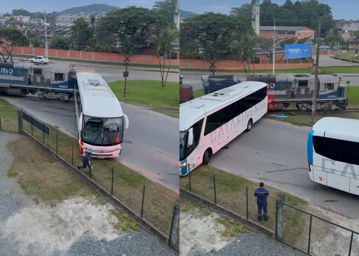 Ônibus de viagem parado em linha férrea é atingido e arrastado por trem em Joinville; VÍDEO