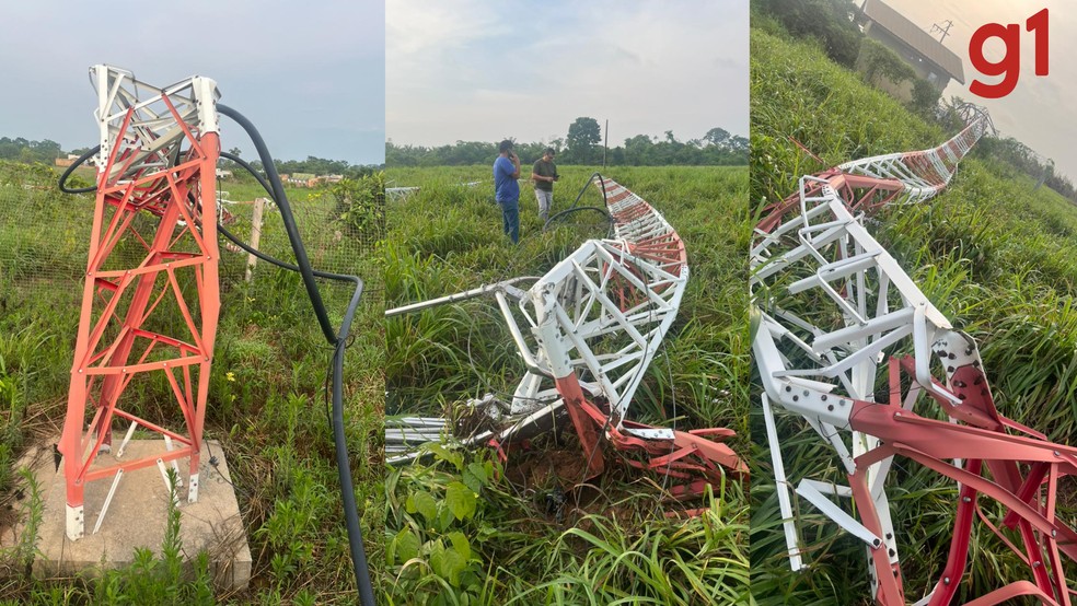 Imagem mostra torre caída em três ângulos diferentes — Foto: Reprodução