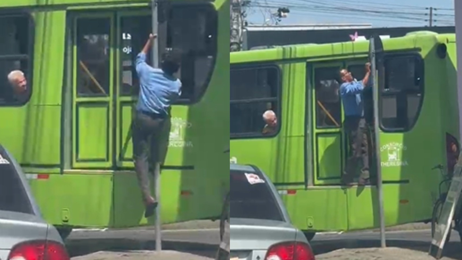 Vídeo: motorista sobe em placa para 'desentalar' ônibus ao fugir de trecho em obras no Dirceu, em Teresina