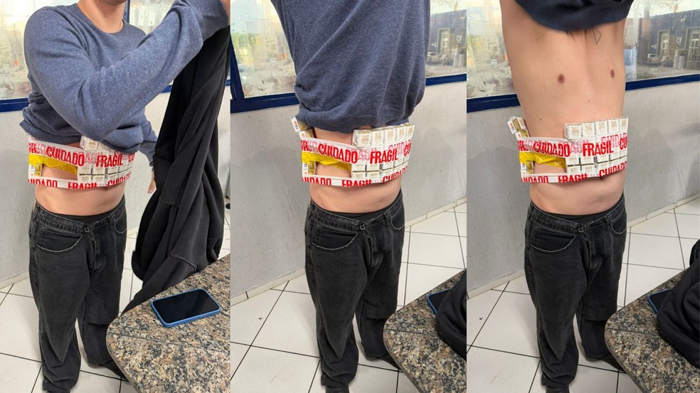Homem é preso com ampolas de emagrecedores coladas ao corpo — Foto: Receita Federal
