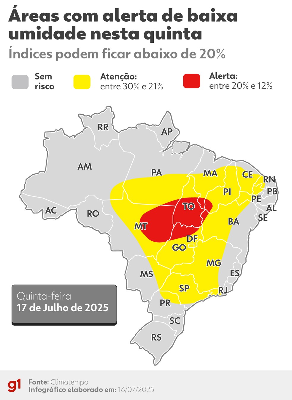 Áreas com alerta de baixa umidade. — Foto: Arte/g1