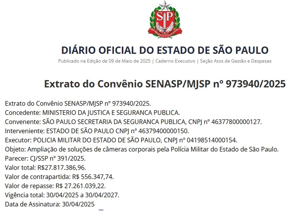 Convênio assinado entre o governo de SP e o Ministério da Justiça para ampliação de câmeras corporais. — Foto: Reprodução/Diário Oficial de SP
