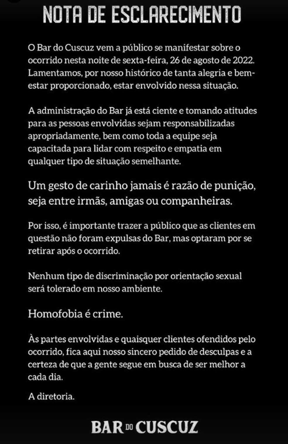 Nota do Bar do Cuscuz sobre o caso de constrangimento às irmãs e homofobia, em João Pessoa — Foto: Bar do Cuscuz/Divulgação
