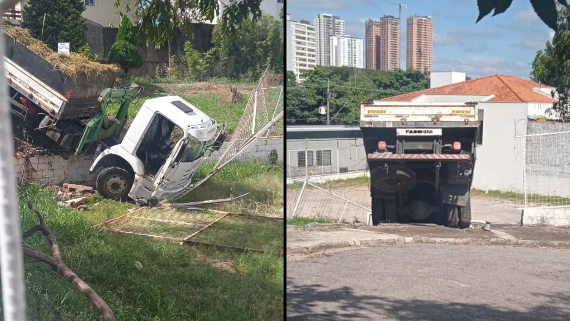 Motorista perde o controle de caminhão, bate em muro e invade estacionamento em bairro de Sorocaba 