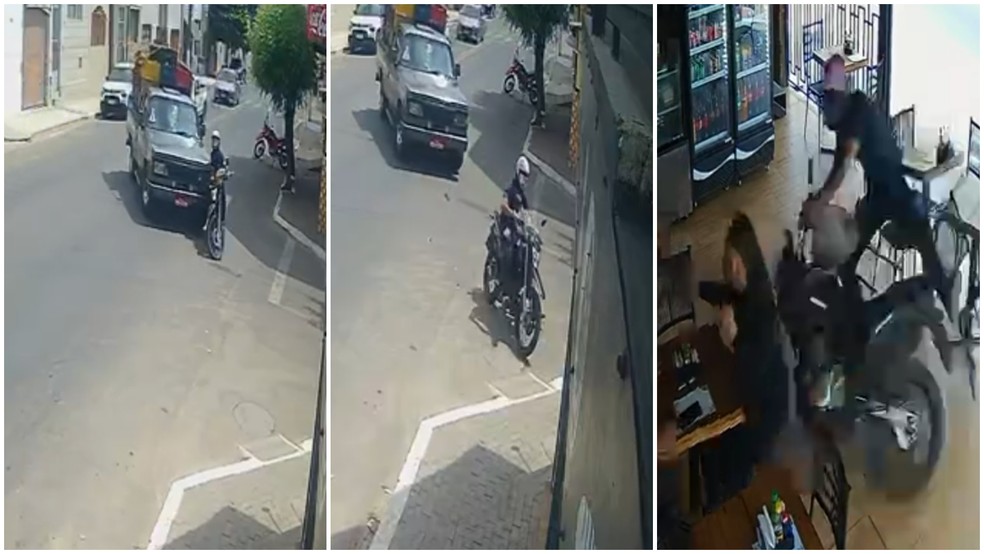 Moto invadiu padaria após se chocar com caminhonete no Crato (CE); ninguém ficou ferido — Foto: Reprodução