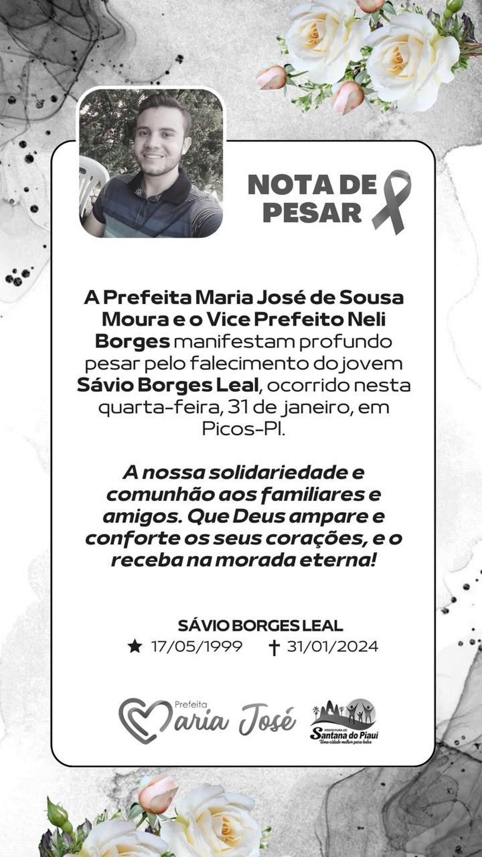 A prefeitura de Santana do Piauí, de onde o jovem era, emitiu uma nota de pesar pela morte dele — Foto: Divulgação