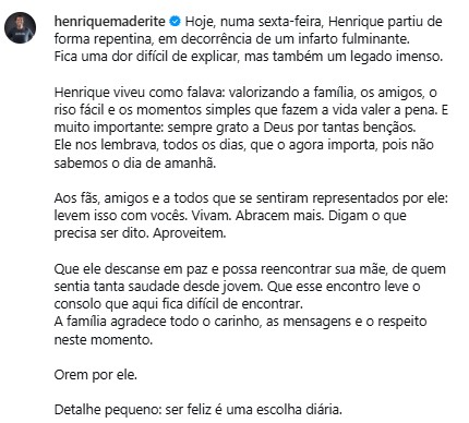 
Perícia conclui que morte de influenciador Henrique Maderite foi natural, diz PM
