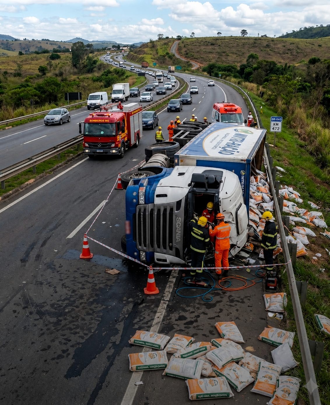 Motorista morre após carreta carregada com ração tombar na BR-040, em Juiz de Fora