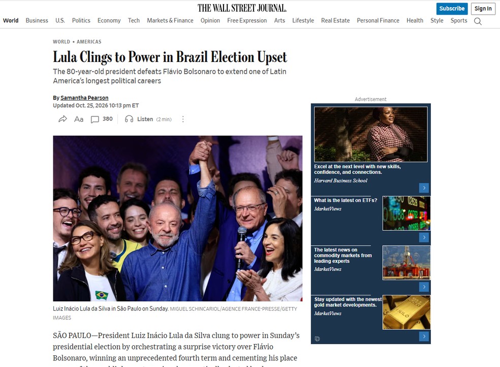 O jornal americano focado em negócios Wall Street Journal repercutiu a vitória de Lula — Foto: Reprodução: WSJ