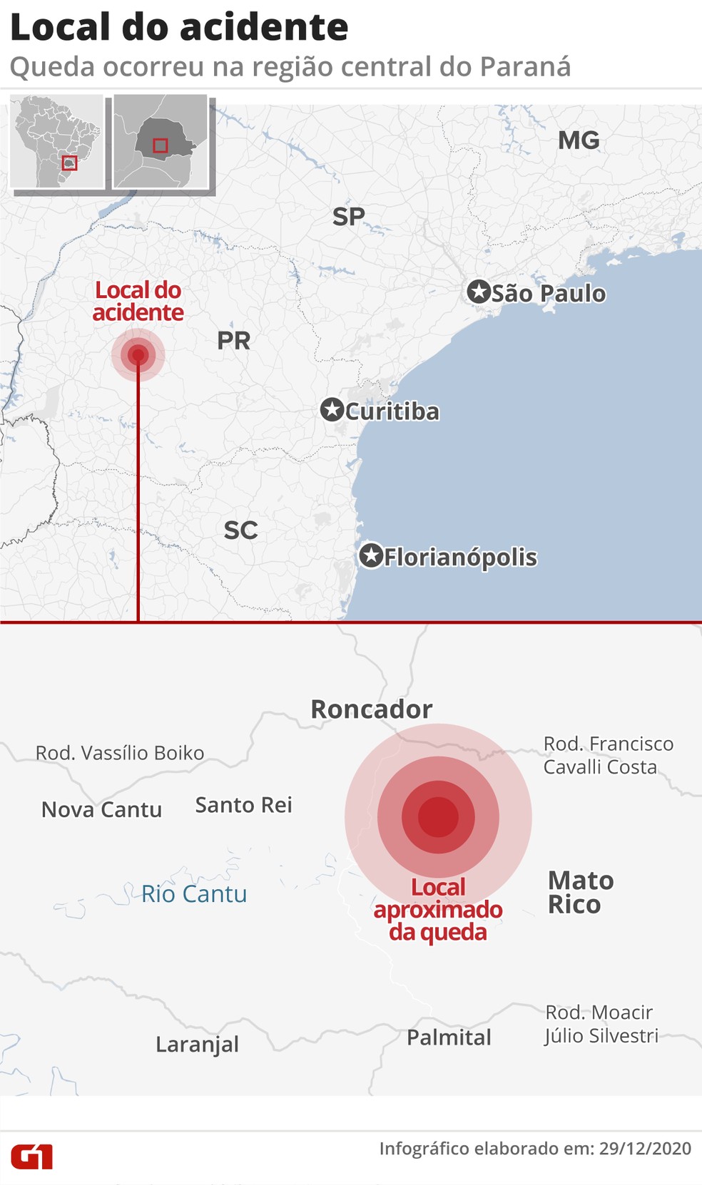 Local onde avião com a família de Goioerê caiu no Paraná — Foto: Artes G1