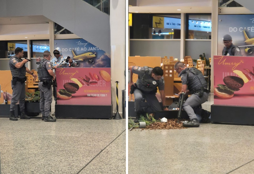Homem com espada &eacute; imobilizado com arma de choque no Aeroporto de Viracopos &mdash; Foto: Eberson Locatelli
