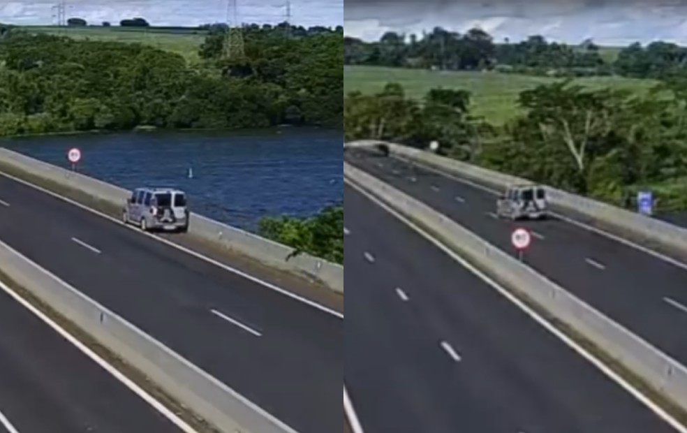 Motorista tem mal súbito e esposa assume controle de veículo em ponte sobre o Rio Tietê no interior de SP — Foto: Reprodução/Câmera de Monitoramento