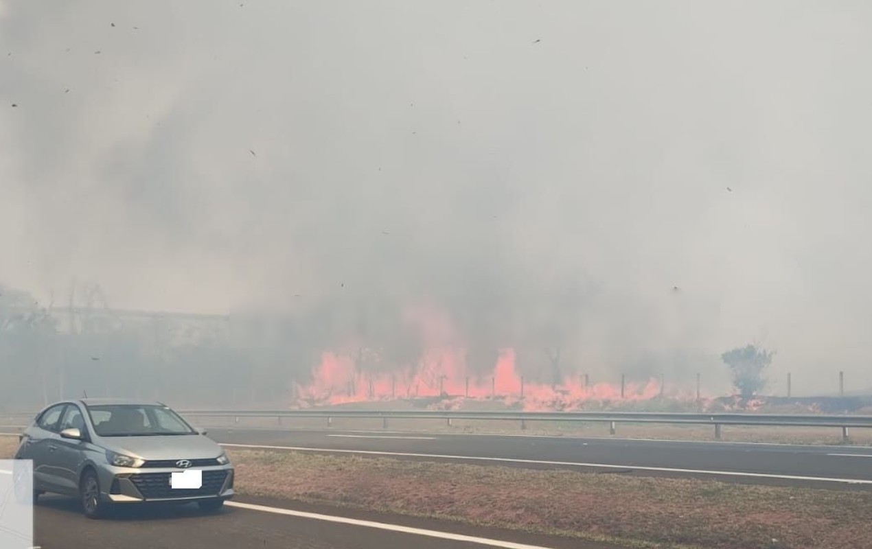 Galpão de indústria química pega fogo e chamas atingem área às margens da SP-225 no interior de SP