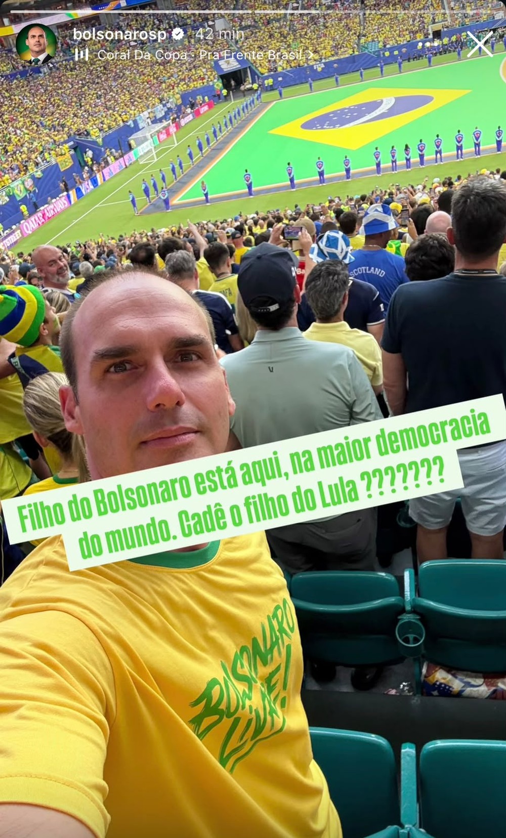 Eduardo Bolsonaro questiona ausência de filho de Lula em jogo da Seleção nos Estados Unidos