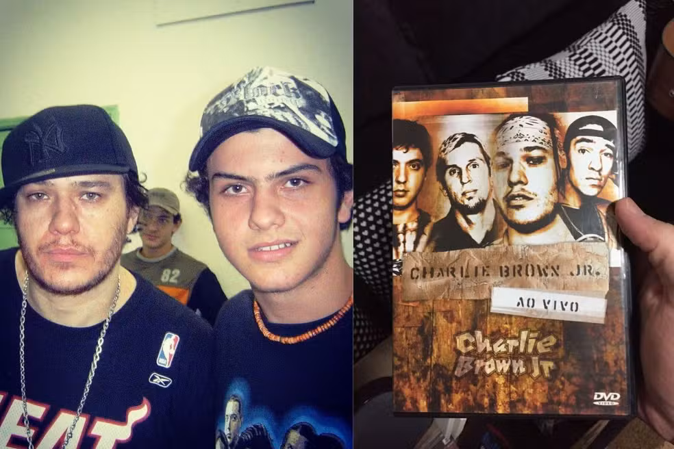 À esquerda, Chorão e Carleto em 2005. À direita, DVD presenteado pelo cunhado em 2002. — Foto: Cedidas/Rafael Carleto