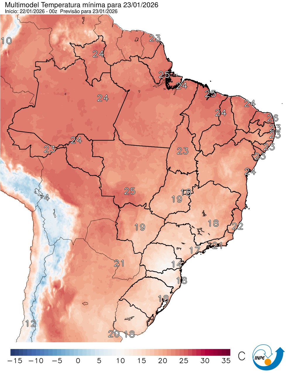 Mapa mostra previsão de temperatura mínima para esta sexta (23). — Foto: CPTEC/Inpe