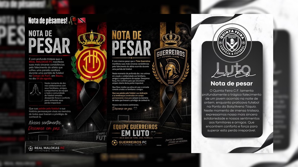 Times de futebol amador publicaram notas de pesar para vítima que morreu em partida — Foto: Reprodução/@bauruzaomilgrau/Instagram
