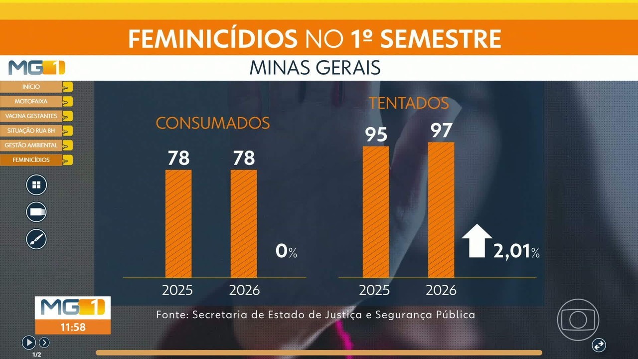 Minas Gerais registra 78 casos de feminicídio no primeiro semestre, aponta governo