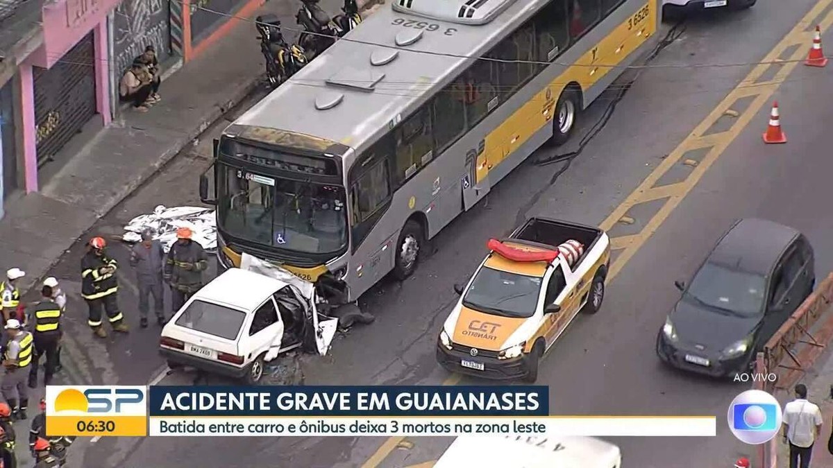 Colisão entre ônibus e carro deixa três mortos e duas pessoas gravemente feridas em Guaianases, na Zona Leste de SP 