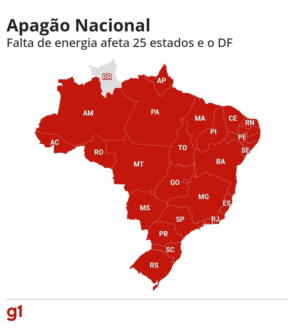 Roraima é o único estado brasileiro fora do apagão registrado neste dia 15 de agosto de 2023 — Foto: Reprodução/g1