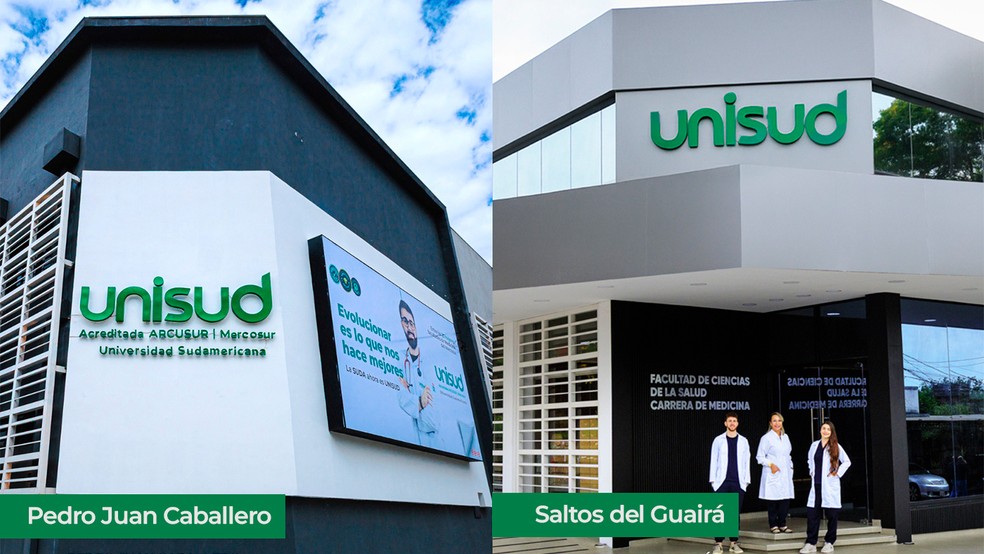 Fachadas da UNISUD em Pedro Juan Caballero e Salto del Guairá. — Foto: Assessoria Universidad Sudamericana