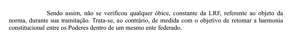 Trecho em que governo do estado alega que no fere a Lei de Responsabilidade Fiscal. — Foto: Governo do Estado de Minas Gerais