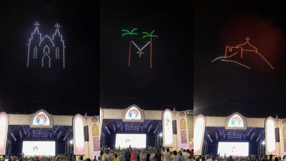 Encerramento da Romaria dos Homens contou com show de drones com símbolos da identidade e cultura capixaba. Espírito Santo — Foto: Divulgação/Vale