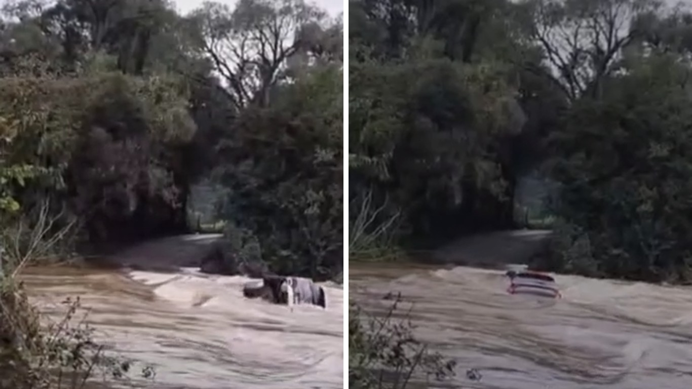 Família é resgatada instantes antes de carro ser arrastado pela força de rio na Serra de SC; VÍDEO