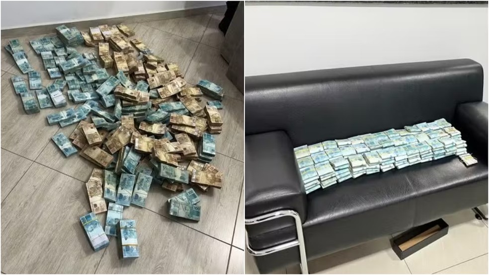 Dinheiro apreendido pela PF nesta quinta-feira (14), em endereços ligados a empresários e servidores que participavam do esquema de corrupção em São Bernardo do Campo (SP). — Foto: Montagem/g1/Reprodução/TV Globo