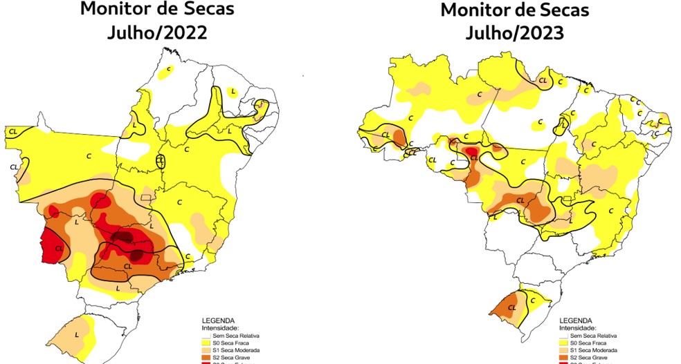 Comparativo dos mapas aponta seca fraca em mais regiões do Ceará em 2023. — Foto: Monitor de Secas