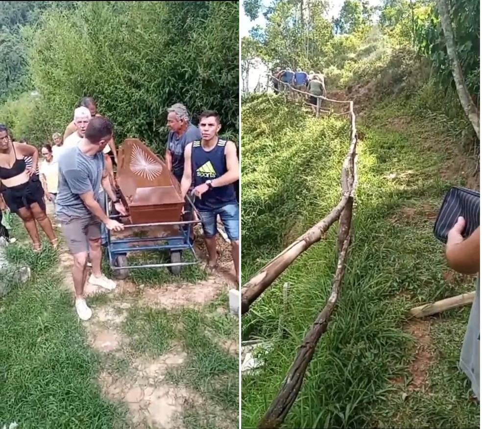 Familia levou caixão do idoso para mata; a esposa não conseguiu acompanhar o sepultamento do marido. — Foto: Divulgação