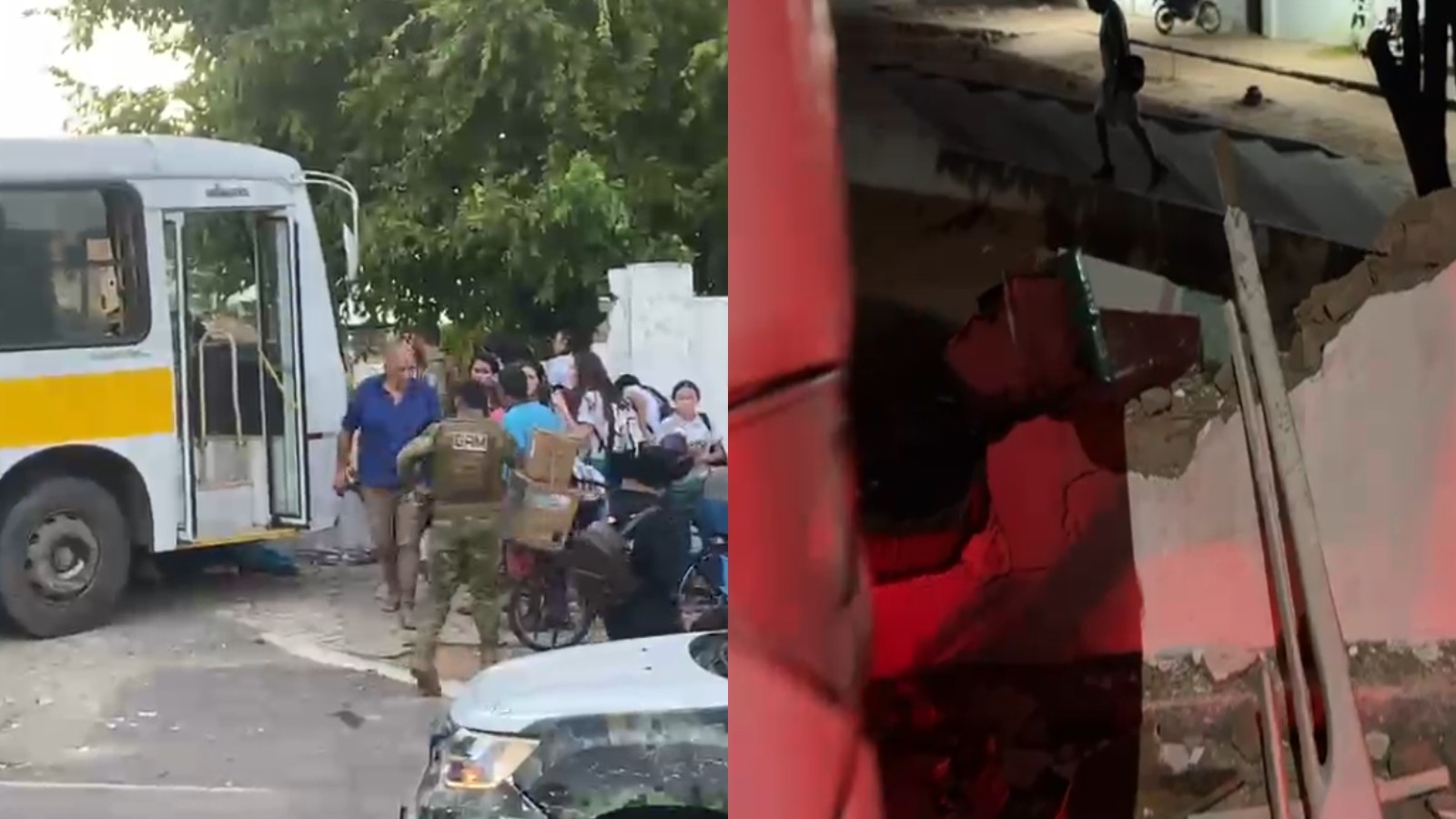 Ônibus desgovernado atropela pessoas e derruba muro de escola; aluna, professora e vendedor ficam feridos
