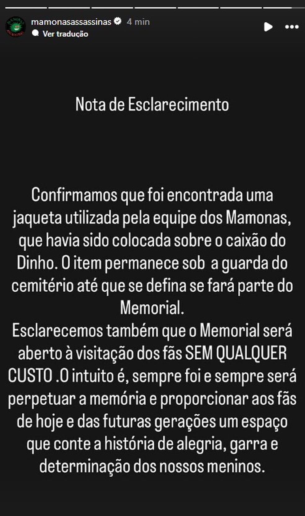 Nota de esclarecimento sobre jaqueta encontrada durante exumação — Foto: Reprodução/Instagram